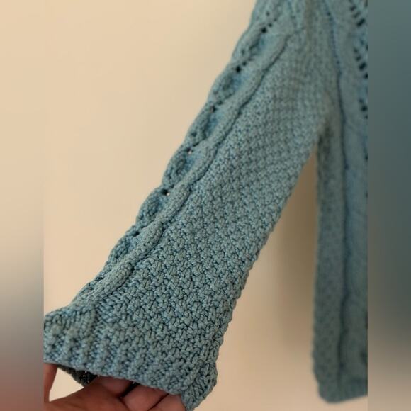 Cotton Hand Made Crew Neck Long Sleeves Teal Cable Knit Sweater size Medium - Picture 4 of 9